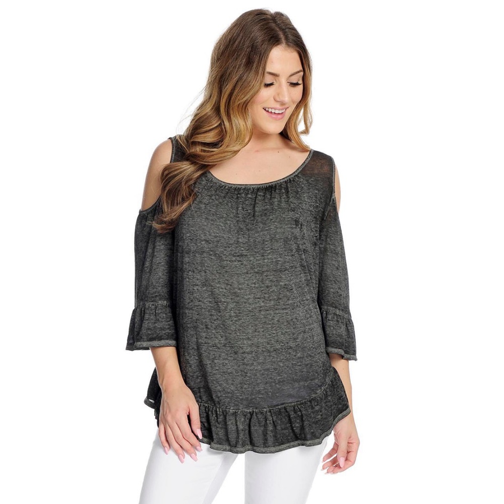 Burnout Knit Cold Shoulder Ruffle Trim Top